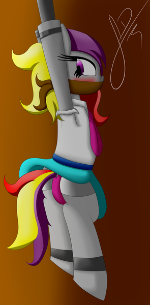 Size: 1440x2930 | Tagged: suggestive, artist:jimmy draws, derpibooru import, oc, oc:annie flamme, unofficial characters only, pony, blushing, bondage, cloth gag, clothes, gag, image, panties, png, skirt, stuck, underwear, upskirt