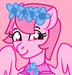 Size: 557x582 | Tagged: safe, artist:jadethepegasus, artist:unoriginai, derpibooru import, oc, oc:metaru, unofficial characters only, pegasus, pony, base used, bowtie, clothes, cute, female, filly, floral head wreath, flower, image, pink background, png, shirt, simple background, solo