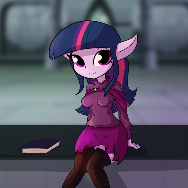 Size: 2250x2250 | Tagged: safe, artist:tjpones, derpibooru import, twilight sparkle, elf, equestria girls, book, breasts, busty twilight sparkle, clothes, cute, elf ears, female, high res, image, looking at you, png, skirt, smiling, smiling at you, socks, solo, species swap, stockings, thigh highs, twiabetes