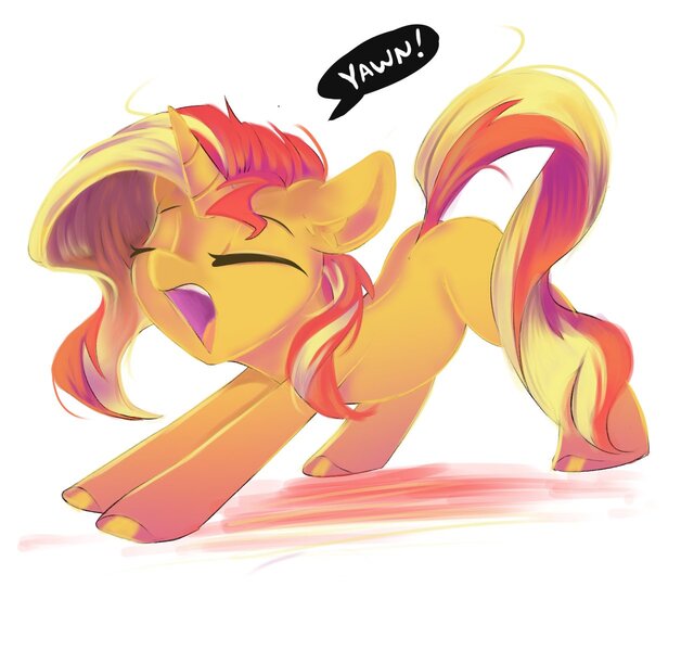 Size: 1280x1200 | Tagged: safe, artist:sketchiix3, derpibooru import, sunset shimmer, pony, unicorn, colored hooves, cute, eyes closed, image, jpeg, missing cutie mark, open mouth, shimmerbetes, solo, speech bubble, stretching, yawn