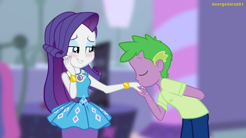 Size: 3640x2048 | Tagged: safe, artist:georgegarza01, derpibooru import, rarity, spike, human, equestria girls, arm behind back, blushing, female, gentlemen, giggling, hand kiss, hand on cheek, human spike, humanized, image, jpeg, male, rarity peplum dress, shipping, smiling, sparity, straight