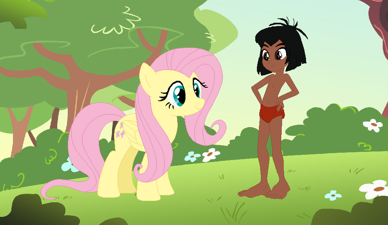 Size: 956x554 | Tagged: safe, artist:ocean lover, artist:selenaede, derpibooru import, fluttershy, barefoot, base, belly, belly button, bush, chest, everfree forest, feet, flower, forest, grass, hand on hip, image, jungle book, leaves, mowgli, png, sky, tree