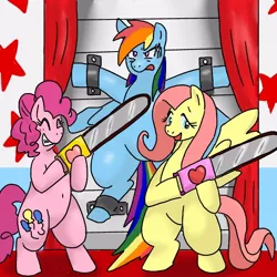 Size: 600x600 | Tagged: safe, artist:kushina13, derpibooru import, fluttershy, pinkie pie, rainbow dash, earth pony, pegasus, pony, fanfic:cupcakes, bipedal, blushing, bondage, chainsaw, eyes closed, female, grin, image, jpeg, mare, open mouth, restrained, smiling, sweat, this will end in death, unsexy bondage