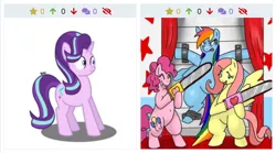 Size: 1124x623 | Tagged: safe, artist:banquo0, artist:kushina13, derpibooru import, fluttershy, pinkie pie, rainbow dash, starlight glimmer, earth pony, pegasus, pony, unicorn, derpibooru, fanfic:cupcakes, twibooru, bipedal, chainsaw, grin, image, juxtaposition, meta, png, restrained, smiling, this will end in death, this will end in pain