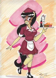 Size: 2504x3492 | Tagged: safe, artist:newyorkx3, derpibooru import, oc, oc:crystal, anthro, plantigrade anthro, breasts, burger, cleavage, clothes, coca-cola, food, food tray, french fries, grin, hamburger, image, jpeg, looking at you, milkshake, raised foot, skirt, smiling, solo, traditional art, uniform, waitress