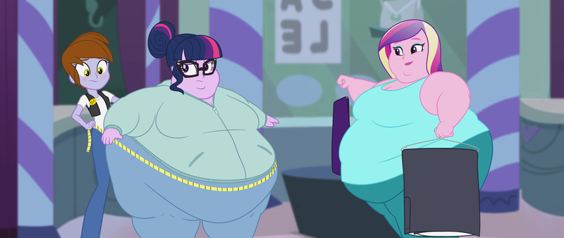 Size: 2560x1080 | Tagged: suggestive, artist:neongothic, derpibooru import, princess cadance, sci-twi, twilight sparkle, oc, oc:neon sprinkles, equestria girls, bbw, belly, big belly, bingo wings, blushing, breasts, busty princess cadance, busty sci-twi, chubby cheeks, cleavage, clothes, dean cadance, dean decadence, double chin, fat, fat ass, fat boobs, fat fetish, female, fetish, hoodie, image, morbidly obese, obese, pants, png, princess decadence, sci-twilard, ssbbw, story included, sweatpants, thighs, thunder thighs, twilard sparkle, weight gain