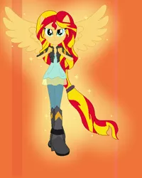 Size: 532x664 | Tagged: safe, artist:aonairfaol, derpibooru import, sunset shimmer, alicorn, equestria girls, alicornified, base used, boots, clothes, female, gradient background, image, png, ponied up, race swap, shimmercorn, shoes, skirt, solo, spread wings, wings