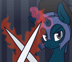 Size: 1400x1200 | Tagged: safe, artist:nova rain, derpibooru import, oc, oc:slashing prices, pony, unicorn, animated, armor, background, blinking, colored hooves, eyebrows, fire, gif, glowing horn, grin, helmet, horn, image, looking at you, magic, royal guard, royal guard armor, runes, simple background, smiling, sword, unicorn oc, weapon