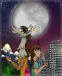 Size: 1092x1330 | Tagged: safe, artist:diamond06mlp, derpibooru import, oc, unofficial characters only, draconequus, building, clothes, dark skin, draconequus oc, duo, female, full moon, image, jpeg, moon, mountain, night, stars