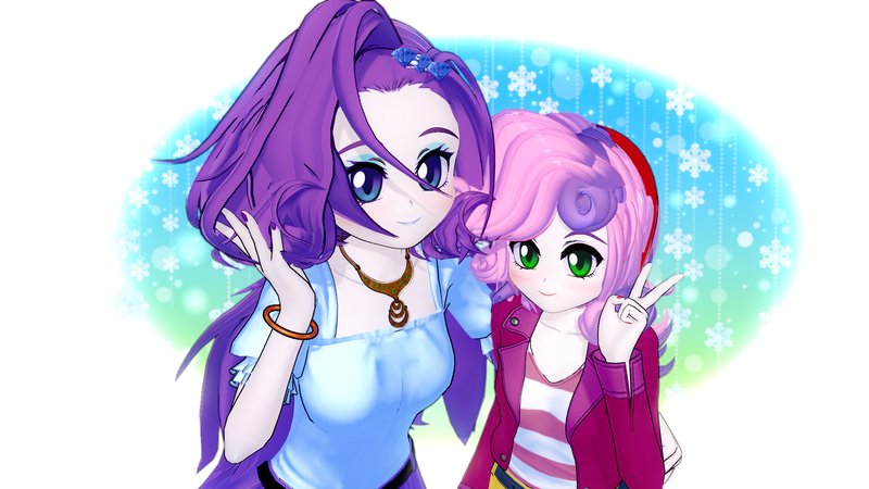 Size: 1920x1080 | Tagged: artist needed, source needed, safe, derpibooru import, rarity, sweetie belle, equestria girls, duo, female, image, jewelry, necklace, peace sign, png
