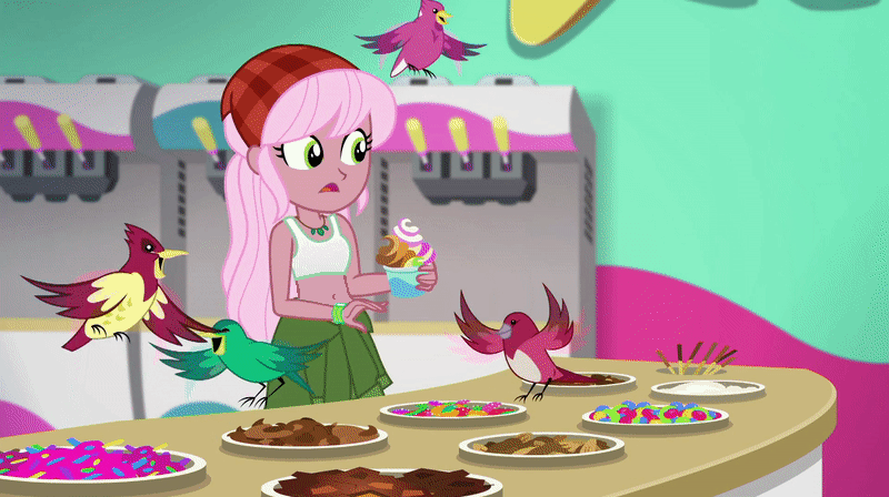 Size: 800x448 | Tagged: safe, derpibooru import, edit, edited screencap, screencap, raspberry lilac, bird, equestria girls, equestria girls series, tip toppings, tip toppings: fluttershy, spoiler:choose your own ending (season 2), spoiler:eqg series (season 2), animal, bandana, belly button, candy, clothes, cup, eating, female, flying, food, frozen yogurt, frozen yogurt machine, frozen yogurt shop, gummy worm, image, jewelry, midriff, necklace, png, shirt, shocked, sleeveless, sleeveless shirt, solo, table, tanktop, toppings, yogurt