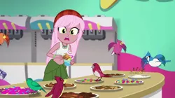 Size: 799x449 | Tagged: safe, derpibooru import, edit, edited screencap, screencap, raspberry lilac, bird, equestria girls, equestria girls series, tip toppings, tip toppings: fluttershy, spoiler:choose your own ending (season 2), spoiler:eqg series (season 2), animal, bandana, belly button, candy, clothes, cup, eating, female, food, frozen yogurt, frozen yogurt machine, frozen yogurt shop, gummy worm, image, jewelry, looking around, midriff, necklace, png, shirt, shocked, sleeveless, sleeveless shirt, table, tanktop, toppings, yogurt