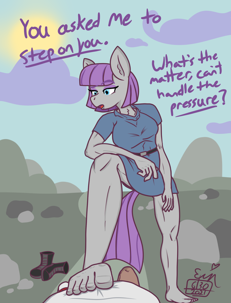 Size: 1600x2100 | Tagged: suggestive, artist:erenerakhard, derpibooru import, maud pie, anthro, plantigrade anthro, barefoot, boots, clothes, feet, foot focus, image, offscreen character, png, rock farm, shoes, shoes removed, stepped on