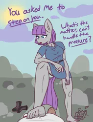 Size: 1600x2100 | Tagged: suggestive, artist:erenerakhard, derpibooru import, maud pie, anthro, plantigrade anthro, barefoot, boots, clothes, feet, foot focus, image, offscreen character, png, rock farm, shoes, shoes removed, stepped on