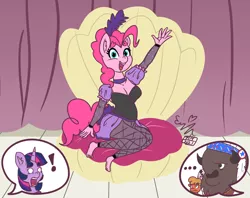 Size: 2400x1900 | Tagged: safe, artist:erenerakhard, derpibooru import, chief thunderhooves, little strongheart, pinkie pie, twilight sparkle, anthro, over a barrel, barefoot, breasts, burlesque, cleavage, clothes, dress, feet, image, png, saloon dress, saloon pinkie, varying degrees of do not want, you gotta share