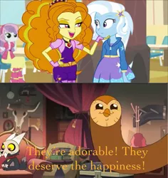 Size: 2044x2168 | Tagged: safe, artist:ktd1993, derpibooru import, adagio dazzle, sweetie belle, trixie, equestria girls, rainbow rocks, crossover, female, hooty the owl, image, jpeg, king (the owl house), lesbian, meme, shipping, the owl house, triagio