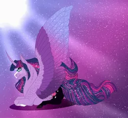 Size: 3186x2934 | Tagged: safe, artist:inisealga, derpibooru import, twilight sparkle, twilight sparkle (alicorn), alicorn, pony, abstract background, coat markings, facial markings, female, image, jpeg, mare, markings, redesign, socks (coat marking), solo, spread wings, wings