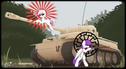 Size: 5581x3082 | Tagged: safe, artist:lyrabop, artist:shepardinthesky, derpibooru import, oc, earth pony, pegasus, pony, background, black sun, collaboration, duo, fascism, fashwave, gun, image, kar98k, nazi, nazi germany, png, rifle, rising sun, tank (vehicle), tiger (tank), vehicle, weapon, wehrmacht