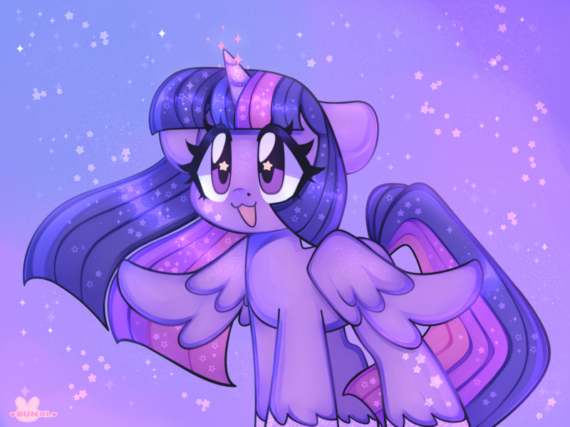 Size: 4000x3000 | Tagged: safe, artist:bunxl, derpibooru import, twilight sparkle, twilight sparkle (alicorn), alicorn, pony, :3, abstract background, anime, cute, floppy ears, image, open mouth, png, smiling, solo, sparkles, spread wings, starry eyes, stars, twiabetes, wingding eyes, wings