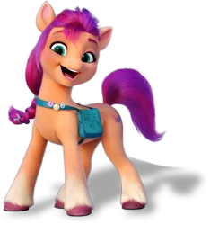 Size: 630x672 | Tagged: safe, derpibooru import, official, sunny starscout, earth pony, pony, my little pony: a new generation, badge, bag, female, g5, image, looking at you, mare, png, satchel, shadow, simple background, solo, transparent background