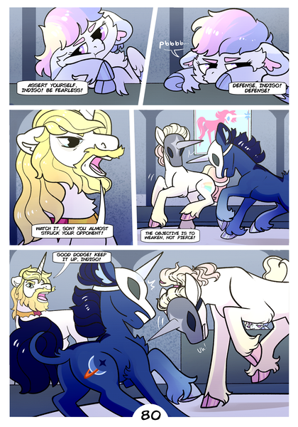 Size: 2100x3000 | Tagged: safe, artist:loryska, derpibooru import, prince blueblood, oc, oc:indigo sky, oc:ipomoea (loryska), oc:marshmallow kiss, pegasus, pony, unicorn, comic:friendship grows, beard, facial hair, image, magical lesbian spawn, mask, offspring, older, parent:trixie, parent:twilight sparkle, parents:twixie, png