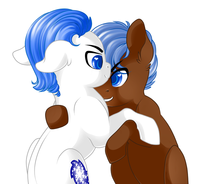 Size: 2548x2298 | Tagged: safe, artist:schokocream, derpibooru import, oc, oc:antony c, oc:any pony, unofficial characters only, earth pony, pony, duo, earth pony oc, hug, image, male, png, simple background, smiling, stallion, white background