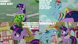 Size: 1280x720 | Tagged: safe, derpibooru import, edit, edited screencap, editor:quoterific, screencap, rainbow dash, twilight sparkle, twilight sparkle (alicorn), alicorn, pegasus, pony, season 8, the washouts (episode), spoiler:s08, duo, duo female, female, flying, image, mare, open mouth, png, ponyville, poster, sky, the washouts