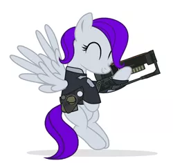Size: 1488x1403 | Tagged: safe, artist:housston, derpibooru import, oc, oc:morning glory (project horizons), unofficial characters only, pegasus, pony, aer-14, aer-14 prototype, clothes, commission, fallout, female, gun, image, laser rifle, mare, png, simple background, solo, weapon, white background, ych result
