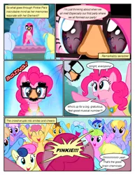 Size: 612x792 | Tagged: safe, artist:newbiespud, derpibooru import, bon bon, minuette, pinkie pie, sweetie drops, earth pony, pegasus, pony, unicorn, magical mystery cure, a true true friend, background pony audience, cheering, comic, element of laughter, eye reflection, female, glasses, image, male, mare, onomatopoeia, outdoors, pinkamena diane pie, png, ponyville, reflection, smiling, stallion