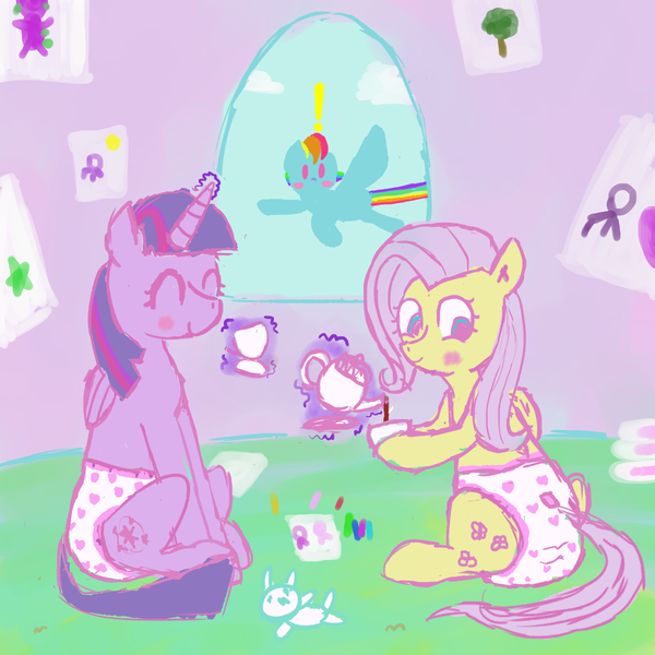 Size: 1200x1200 | Tagged: questionable, artist:duckchip, derpibooru import, fluttershy, rainbow dash, twilight sparkle, adult foal, blushing, crayons, diaper, diaper fetish, drawing, duo, exclamation point, fetish, happy, image, magic, pink diaper, png, smiling, tea party, telekinesis