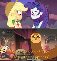 Size: 2044x2168 | Tagged: safe, artist:ktd1993, derpibooru import, applejack, rarity, equestria girls, equestria girls series, rollercoaster of friendship, crossover, female, hooty the owl, image, jpeg, king (the owl house), lesbian, meme, rarijack, shipping, the owl house