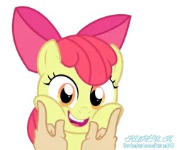 Size: 708x600 | Tagged: safe, artist:undeadponysoldier, derpibooru import, apple bloom, earth pony, pony, cheeks, female, filly, hand, image, png, simple background, transparent background