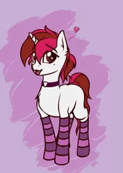 Size: 1527x2160 | Tagged: safe, artist:koshakevich, derpibooru import, oc, oc:vetta, unofficial characters only, unicorn, clothes, collar, image, jpeg, socks, solo, stockings, striped socks, thigh highs