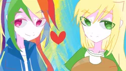 Size: 650x366 | Tagged: safe, artist:最喜欢的事情就是拉屎, derpibooru import, applejack, rainbow dash, human, equestria girls, appledash, female, heart, humanized, image, jpeg, lesbian, shipping