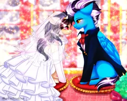 Size: 4000x3179 | Tagged: safe, artist:krissstudios, derpibooru import, oc, unofficial characters only, earth pony, pegasus, pony, clothes, dress, female, image, jpeg, male, mare, stallion, suit, wedding dress