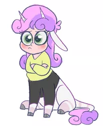 Size: 1147x1400 | Tagged: safe, artist:smirk, derpibooru import, sweetie belle, bicorn, centaur, centaurified, clothes, crossed arms, full body, horn, image, jpeg, multiple horns, pouting, simple background, solo, species swap, white background