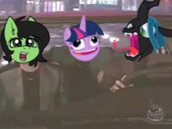 Size: 292x220 | Tagged: safe, artist:duop-qoub, derpibooru import, queen chrysalis, twilight sparkle, oc, oc:colt anon, alicorn, changeling, changeling queen, earth pony, pony, animated, earth pony oc, edited gif, fanfic art, female, gif, image, open mouth
