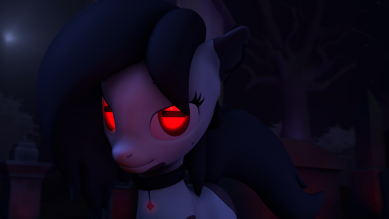 Size: 3840x2160 | Tagged: safe, artist:arrell, derpibooru import, oc, oc:madam matilda, pony, 3d, choker, glowing eyes, goat eyes, graveyard, image, jewelry, looking at you, necklace, night, png, source filmmaker, spooky, tombstones