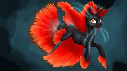 Size: 1280x720 | Tagged: safe, artist:slainbystrokes, derpibooru import, oc, unofficial characters only, hybrid, merpony, pony, seapony (g4), unicorn, blue background, digital art, dorsal fin, fins, fish tail, flowing mane, flowing tail, horn, image, jpeg, looking at you, male, red eyes, seaponified, simple background, solo, species swap, stallion, swimming, tail, underwater, water