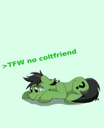 Size: 1588x1957 | Tagged: safe, artist:sefastpone, derpibooru import, oc, oc:anon pony, oc:anon stallion, unofficial characters only, earth pony, pony, black mane, digital art, eyebrows, eyebrows visible through hair, gay, green background, green eyes, greentext, image, lying down, male, png, prone, sefast's anon, simple background, solo, stallion, teary eyes, text