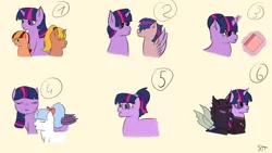 Size: 1192x670 | Tagged: safe, artist:schumette14, derpibooru import, twilight sparkle, oc, oc:jonagold, oc:lustre elstar, oc:snowflakes, oc:sparkle flashy, alicorn, changeling, earth pony, pegasus, unicorn, image, multiverse, next generation, png, story in the source, story included