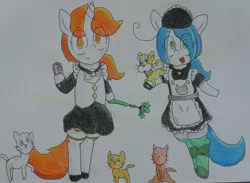 Size: 2048x1499 | Tagged: safe, artist:cherro, derpibooru import, oc, oc:kitty kit, oc:mal, unofficial characters only, pony, bipedal, clothes, image, jpeg, maid, socks, traditional art