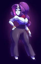 Size: 995x1536 | Tagged: suggestive, artist:bigdad, derpibooru import, rarity, human, unicorn, ascot, bare shoulders, big breasts, bracelet, breasts, busty rarity, child bearing hips, clothes, female, hand on hip, high heels, horn, horned humanization, huge breasts, humanized, image, jewelry, jpeg, looking at you, one eye closed, pants, pony coloring, shoes, solo, solo female, wide hips, wink