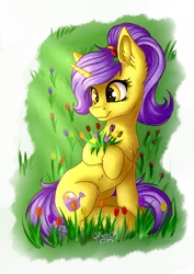 Size: 2894x4093 | Tagged: safe, artist:julunis14, derpibooru import, oc, oc:tulipan, unicorn, bouquet, cute, female, flower, flower in hair, image, png, ponytail, tulip