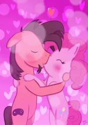 Size: 2090x2953 | Tagged: safe, artist:mrkat7214, derpibooru import, pinkie pie, oc, oc:ace play, earth pony, pony, bipedal, bipedal leaning, blushing, canon x oc, embrace, eyes closed, facial hair, female, goatee, heart, high res, image, jpeg, kissing, leaning, male, pinkieplay, shipping, straight