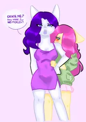 Size: 565x800 | Tagged: safe, artist:bugtwtt, derpibooru import, fluttershy, rarity, anthro, pegasus, pony, unicorn, blushing, clothes, dress, female, flarity, hand on hip, hiding, image, jpeg, lesbian, looking at you, meme, pink background, shipping, simple background, talking to viewer