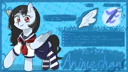 Size: 1280x720 | Tagged: safe, artist:metaruscarlet, derpibooru import, oc, oc:anime-chan, unofficial characters only, pegasus, pony, clothes, ear piercing, earring, image, jewelry, necktie, piercing, png, raised hoof, reference sheet, sailor uniform, school uniform, shirt, skirt, socks, solo, striped socks, uniform