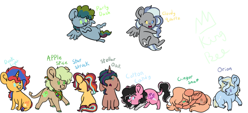 Size: 2099x960 | Tagged: safe, artist:echoescartoons, derpibooru import, oc, oc:apple spice, oc:cloudy quartz, oc:cottan candy, oc:dusk light, oc:ginger snap, oc:orion, oc:party dash, oc:star struck, oc:stellar oak, unofficial characters only, dracony, earth pony, hybrid, pegasus, pony, unicorn, chibi, image, interspecies offspring, next generation, offspring, parent:applejack, parent:big macintosh, parent:cheese sandwich, parent:discord, parent:flash sentry, parent:fluttershy, parent:pinkie pie, parent:prince blueblood, parent:rainbow dash, parent:rarity, parent:spike, parent:starlight glimmer, parent:sunburst, parent:sunset shimmer, parent:thunderlane, parent:timber spruce, parent:trixie, parent:twilight sparkle, parents:applespike, parents:bluetrix, parents:cheesedash, parents:discopie, parents:flashimmer, parents:fluttermac, parents:rarilane, parents:starburst, parents:timbertwi, png, simple background, transparent background