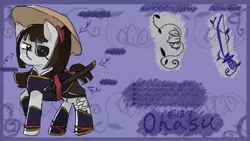 Size: 1280x720 | Tagged: safe, artist:metaruscarlet, derpibooru import, oc, oc:ohasu, unofficial characters only, earth pony, pony, armor, belt, boots, clothes, conical hat, eye scar, eyepatch, female, hat, image, katana, mare, png, ponytail, raised hoof, reference sheet, scar, shirt, shoes, skirt, solo, sword, tattoo, weapon