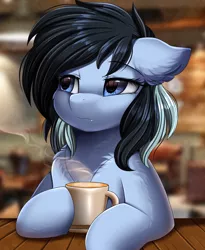 Size: 1446x1764 | Tagged: safe, artist:pridark, derpibooru import, oc, oc:cowwy, pony, beverage, blue eyes, bust, cafe, commission, image, indoors, male, mug, png, portrait, sitting, solo